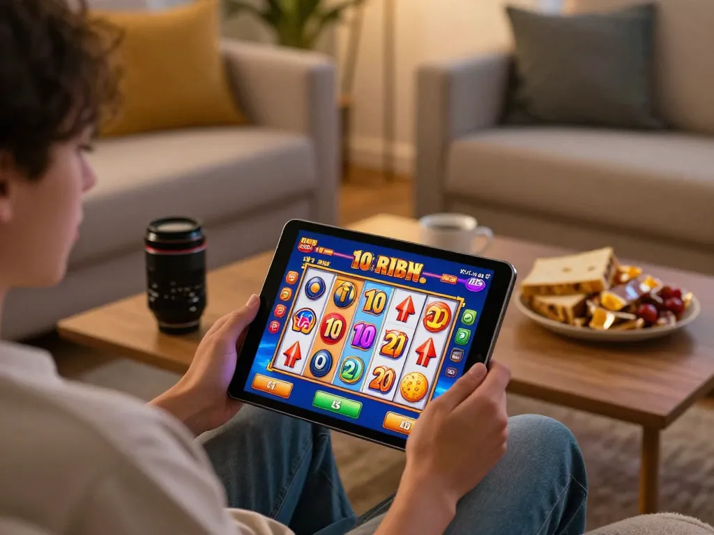 Player enjoying slot 10 ribu online gaming with tablet, showcasing interactive interface and cozy environment.