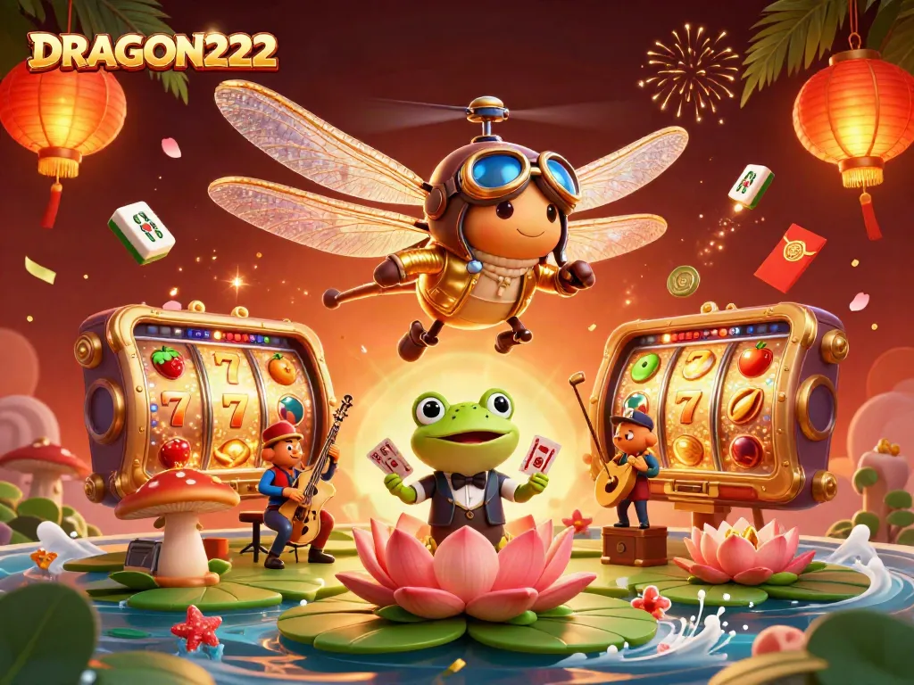 Play exciting slots at DRAGON222 with a dynamic casino illustration showcasing vibrant game elements.