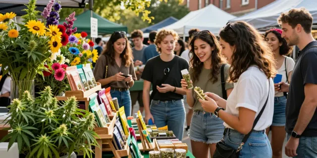 Friends examining packwood cart products at a vibrant cannabis market