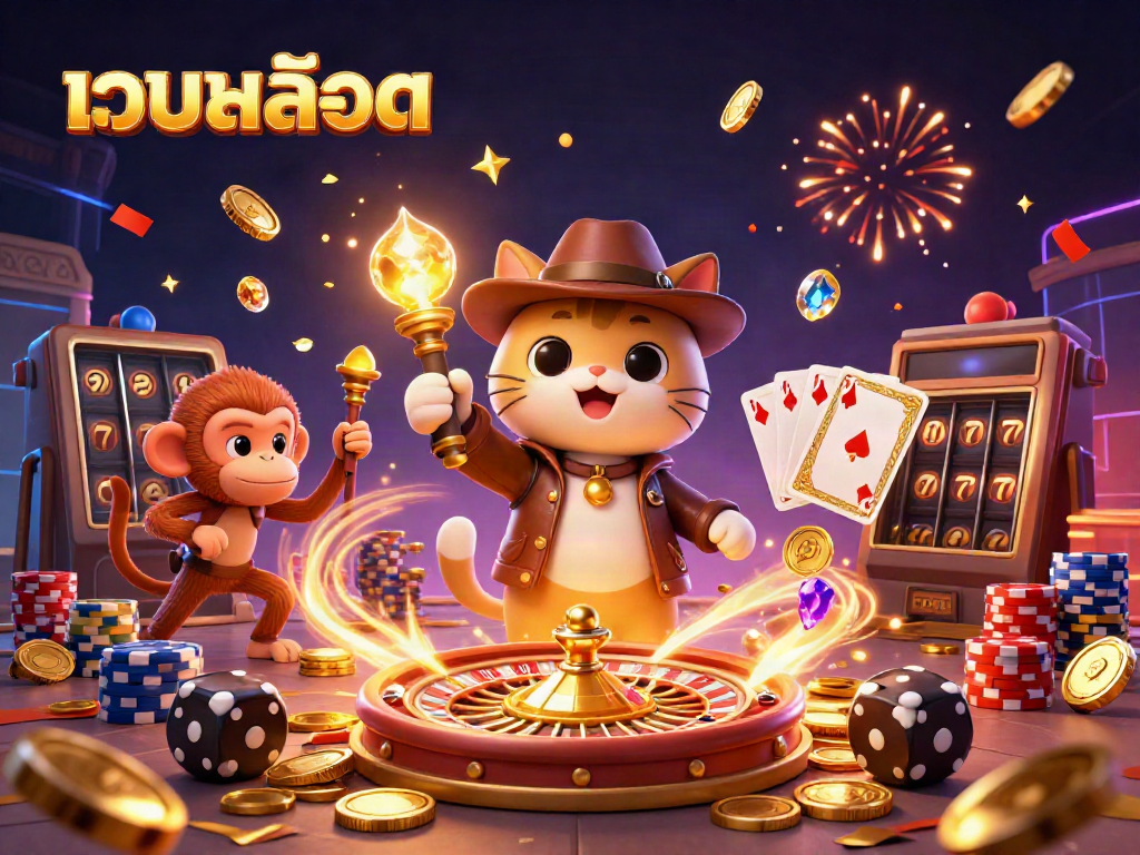 Engaging scene illustrating a 3D cartoon explorer archaeologist cat revealing golden artifacts, embodying เว็บสล็อต excitement.