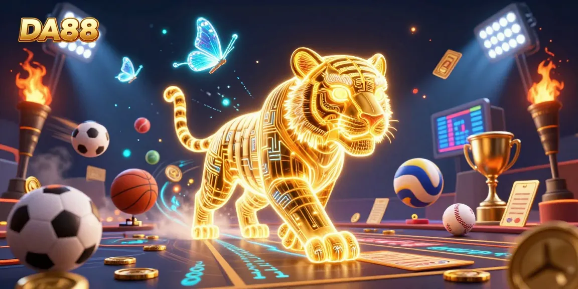 Experience the thrill of DA88 in a dynamic digital casino landscape featuring golden tiger and sports elements.