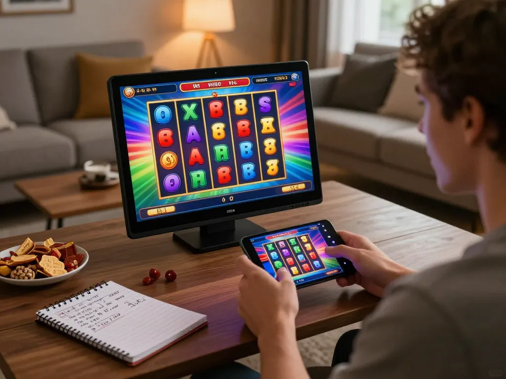 Engaging in slot gacor hari ini gameplay on mobile, showcasing exciting reels and strategic notes.