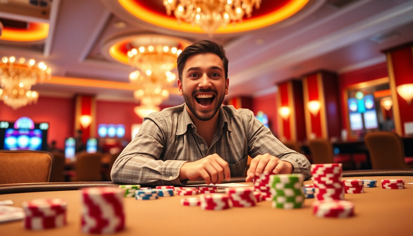 Excited player celebrating a win at a casino while utilizing as38 promo bonus deposit.