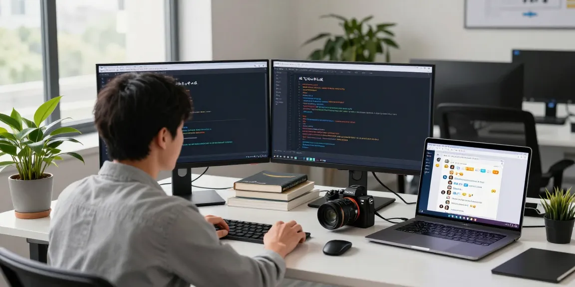 Engaged developer working on 纸飞机中文版 in a modern tech workspace, showcasing dual monitors and vibrant interface.