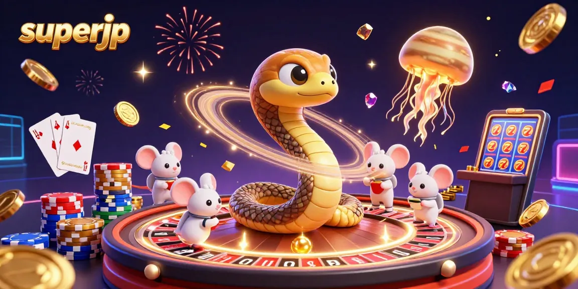 Superjp showcases a vibrant cosmic casino scene with characters engaging in bets amidst dazzling elements.