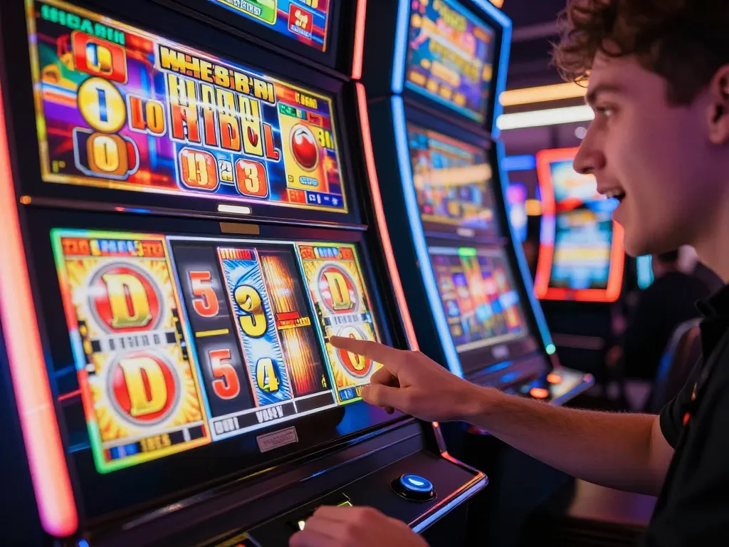 Player enjoying a thrilling slot bet kecil experience on colorful machines in a vibrant casino.