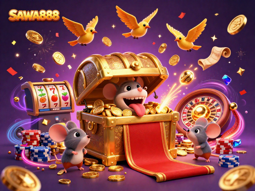 SAWA888 invites players to explore vibrant slots with cascading coins and a lively casino atmosphere.