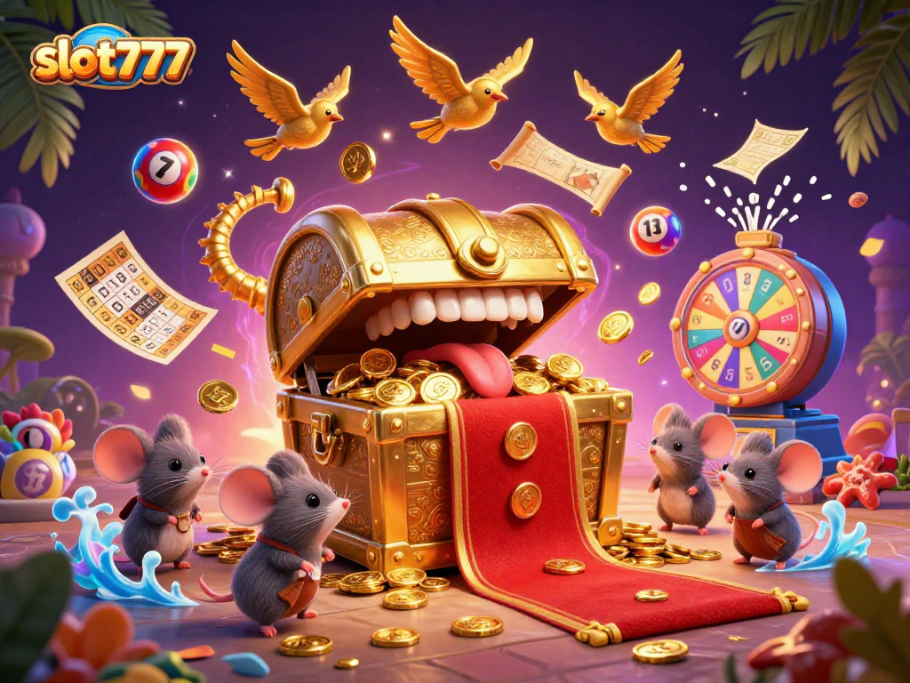 Experience the thrill of slot777 with adventurer mice and golden treasures in a vibrant 3D scene.