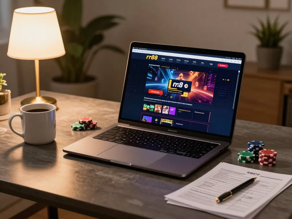 Playing rr88 online casino on a laptop with chips and notes in a cozy setting