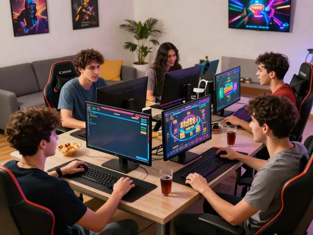 Friends enjoying a lively slot88 gaming session together in a vibrant living room.