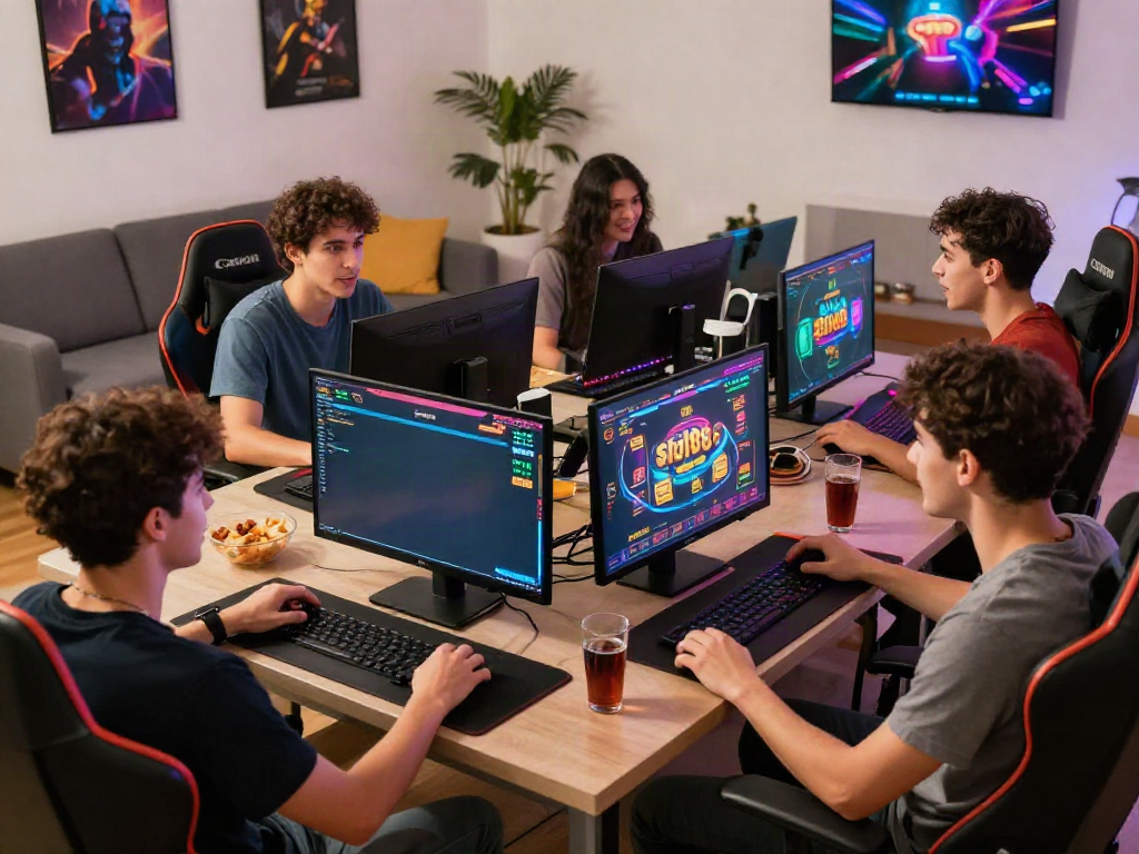 Friends enjoying a lively slot88 gaming session together in a vibrant living room.