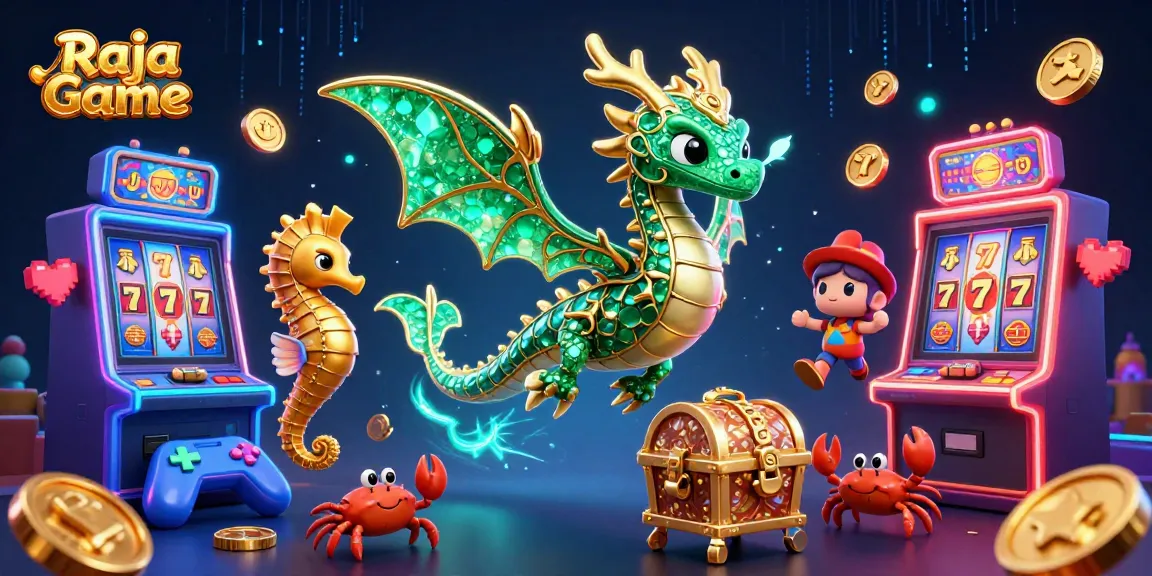 Play exciting games on Raja Game with a vibrant casino environment featuring a sea dragon and colorful slot machines.