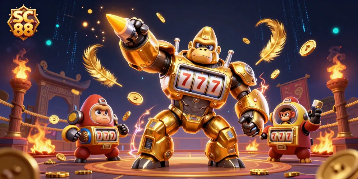 Engage with SC 88 in a vivid 3D casino scene featuring a golden gorilla mech and dynamic gaming elements.