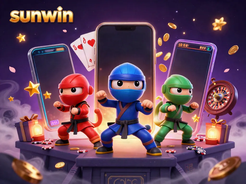 Engaging scene of ninja chameleons in martial arts poses with sunwin-themed gaming elements surrounding them.
