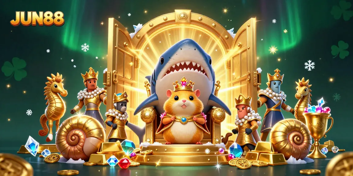 Join the JUN88 experience with this vibrant casino-themed illustration filled with treasures and royal characters.