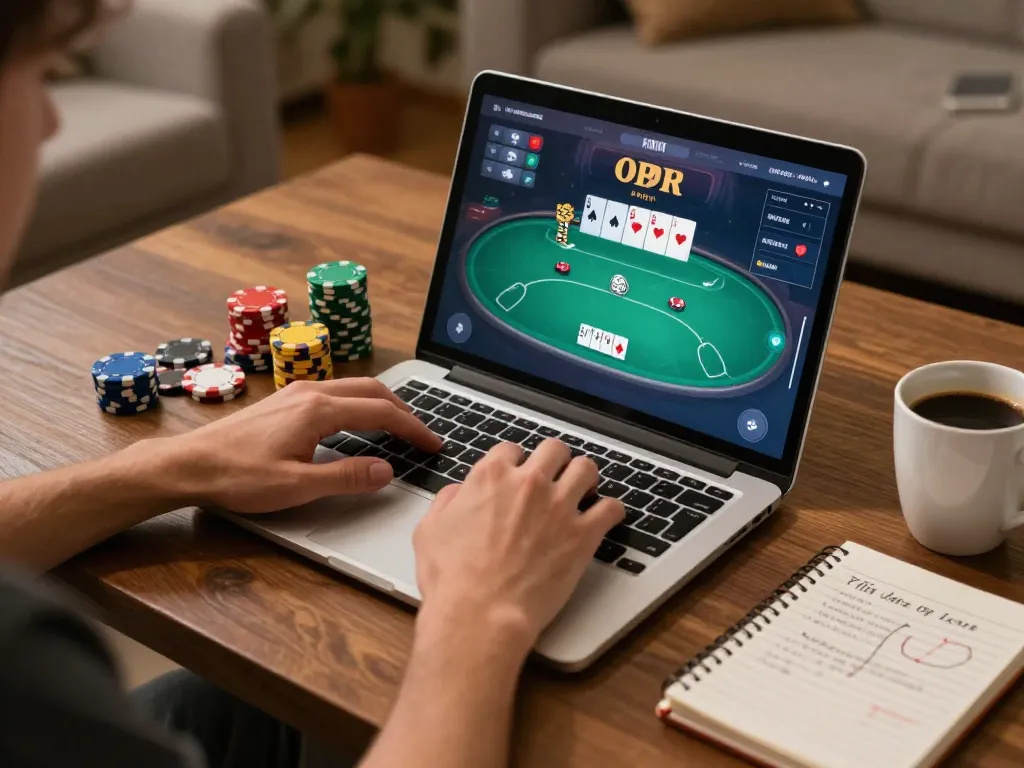 Player engaged in virtual poker game using dark web links for strategic advantage, showcasing active gaming atmosphere.