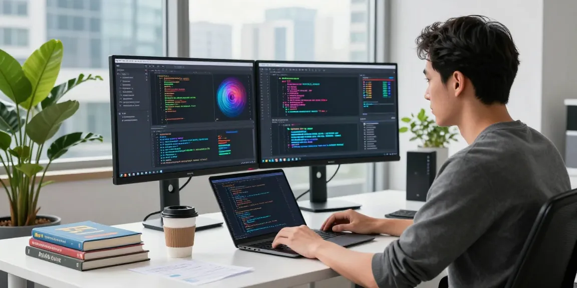 Developer coding with Open Claw at a modern tech workspace featuring dual monitors and city views.