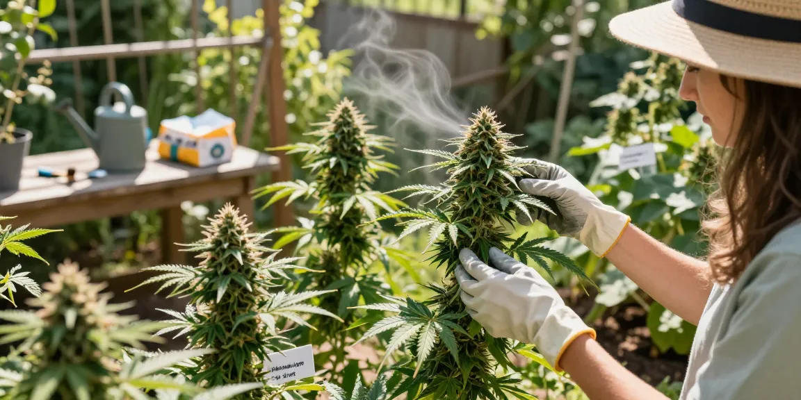 Gardener inspecting female plants of regular photoperiod seeds in lush cannabis garden.