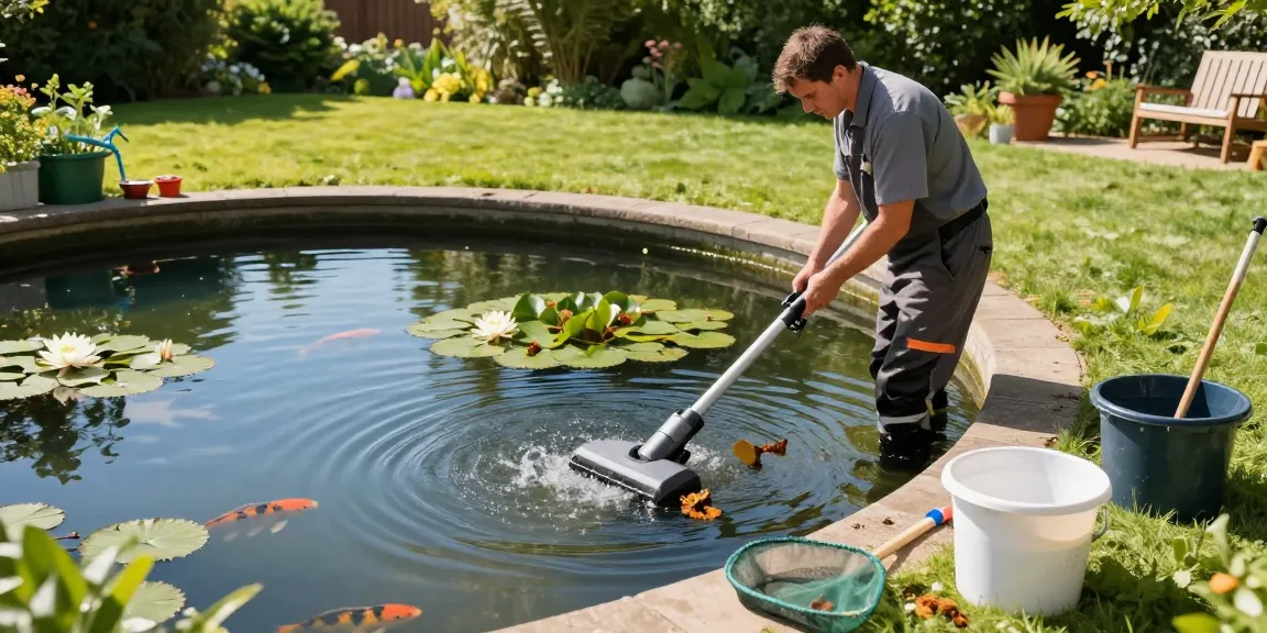 Pond Clean Kent specialist cleaning debris from a tranquil garden pond, showcasing pond maintenance tools and lush greenery.