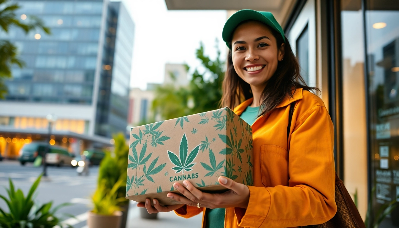 Buy weed delivered right to your doorstep, showcasing a friendly delivery service.
