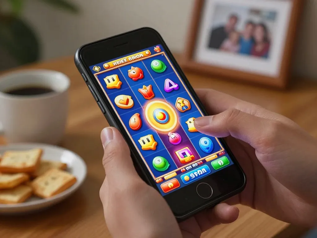 Engaging spin on a smartphone showcasing a slot bonus feature in a cozy home setting