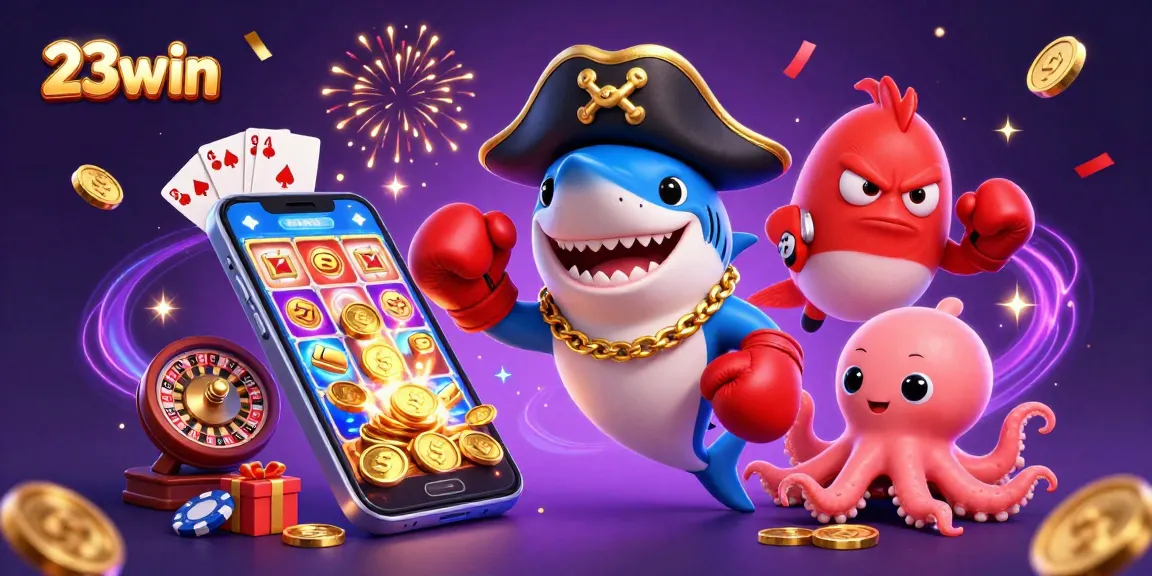Engage with 23win's lively gaming scene featuring a pirate shark and playful sea creatures.