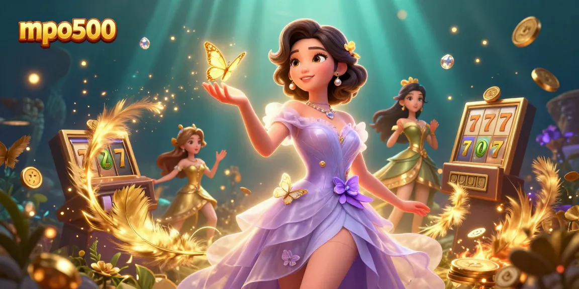 Experience thrilling gameplay and winning chances at mpo500, with slots and golden tokens surrounded by enchanting elements.