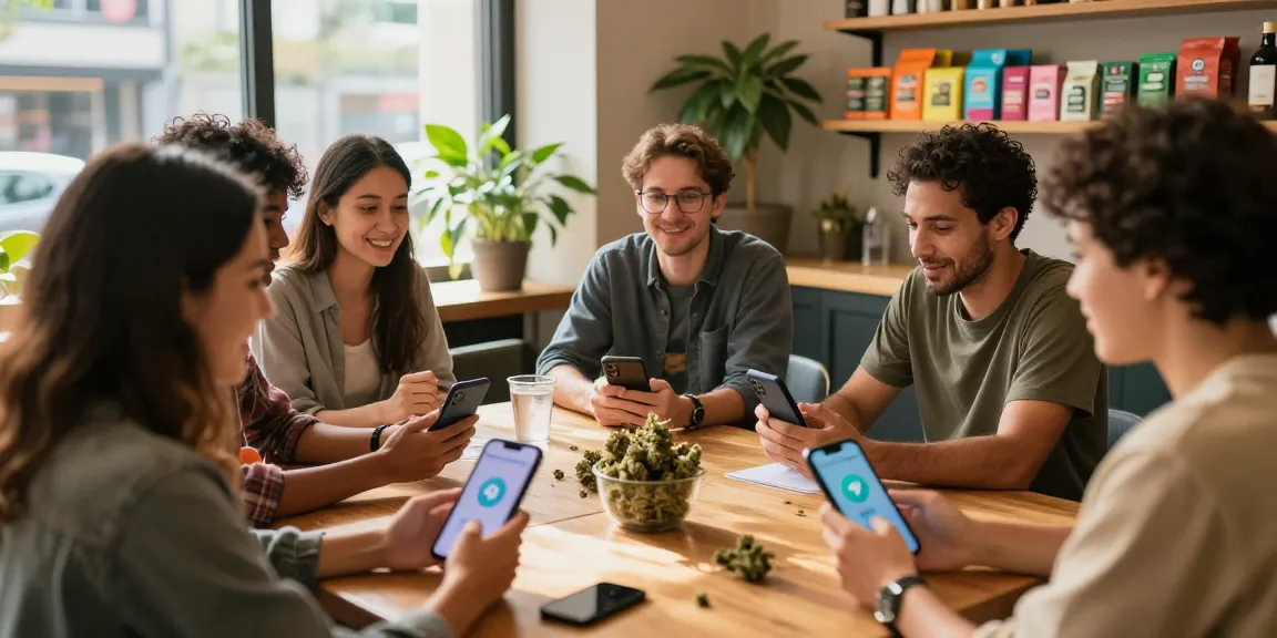 Engaged cannabis enthusiasts discussing telegram weed trends in a vibrant urban café community.