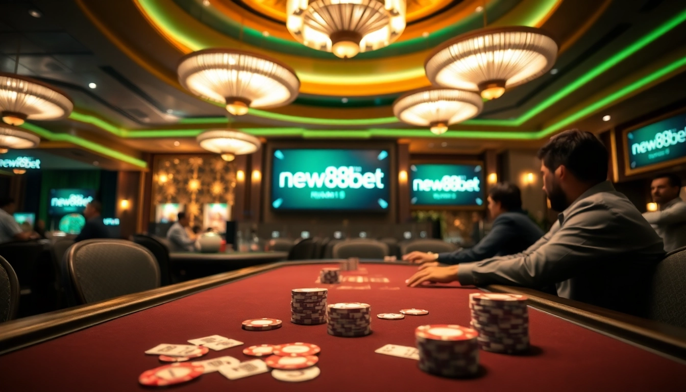 Engage in thrilling poker action at new88bet with vibrant chips and luxury tables.