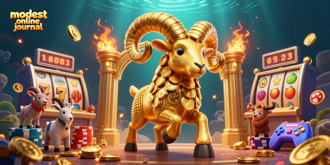 Experience thrilling gaming with the modest online journal featuring a golden ram amidst slot machines.