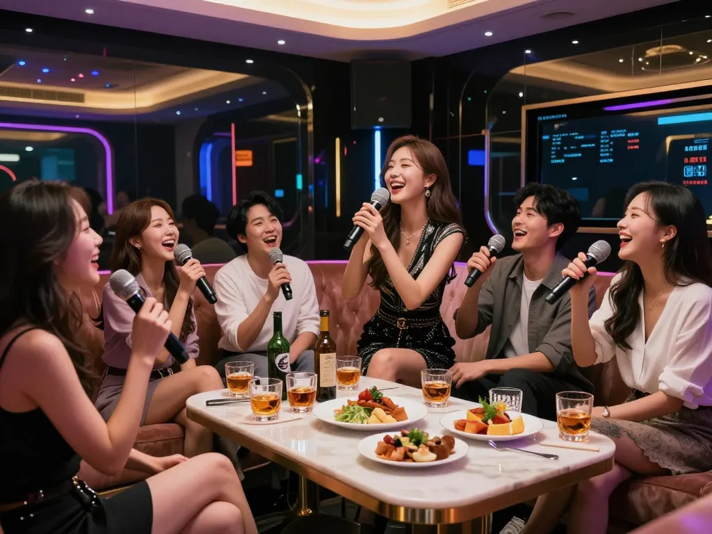 Friends enjoying a night out at a luxurious 강남가라오케 with drinks and karaoke in a vibrant private room.
