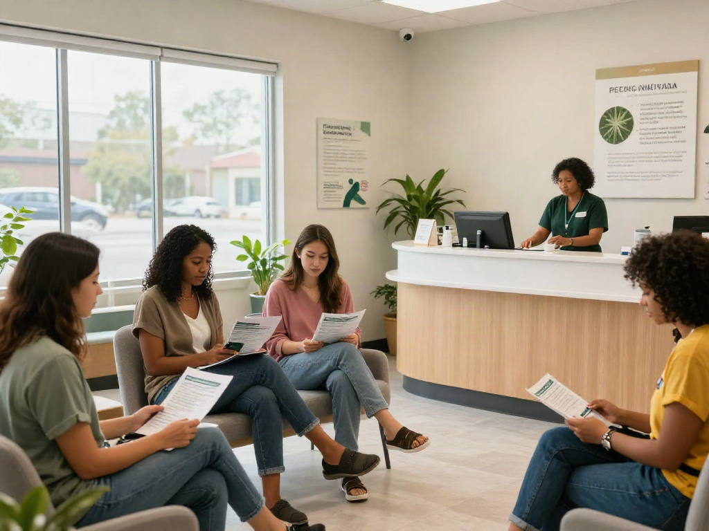 Patients in a welcoming clinic discussing Texas Medical Cannabis Card options in a bright environment.