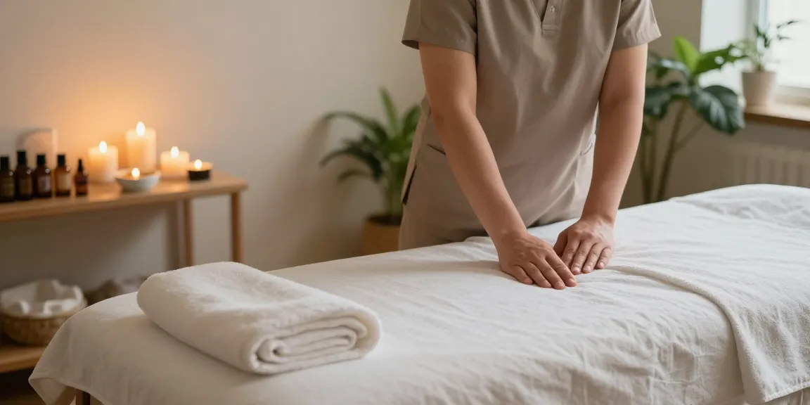 A tranquil scene of a massage therapy room set up for a Swedish massage, highlighting the ambiance and relaxation elements.