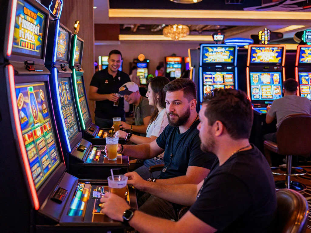 Engaged players enjoying rokok88 slot games in a vibrant casino.