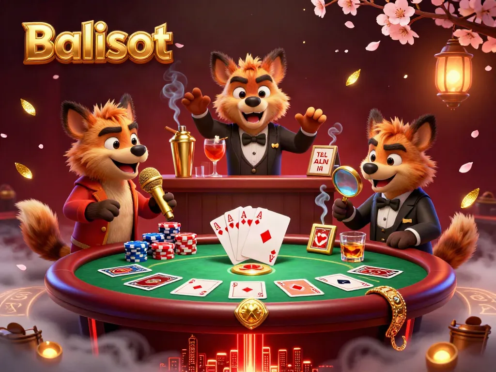 Balislot comedy casino scene with hyenas, vibrant poker elements and warm ambiance.