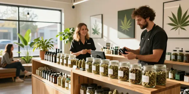 Buy weed online UK: Modern cannabis shop with inviting interior and customers exploring premium products.