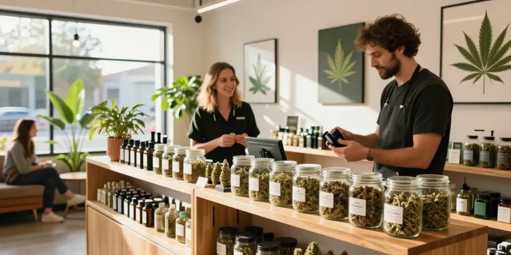Buy weed online UK: Modern cannabis shop with inviting interior and customers exploring premium products.