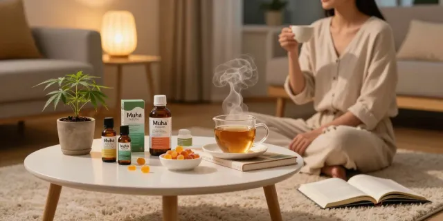 Muha Meds CBD oil and wellness products displayed in a cozy living room setting, emphasizing relaxation and natural health.