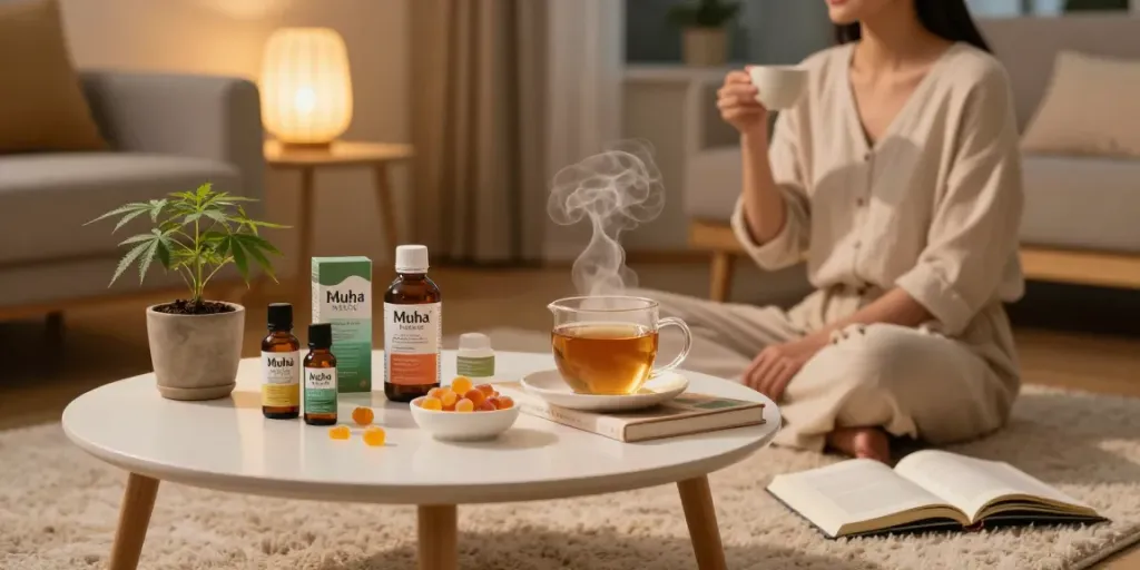 Muha Meds CBD oil and wellness products displayed in a cozy living room setting, emphasizing relaxation and natural health.