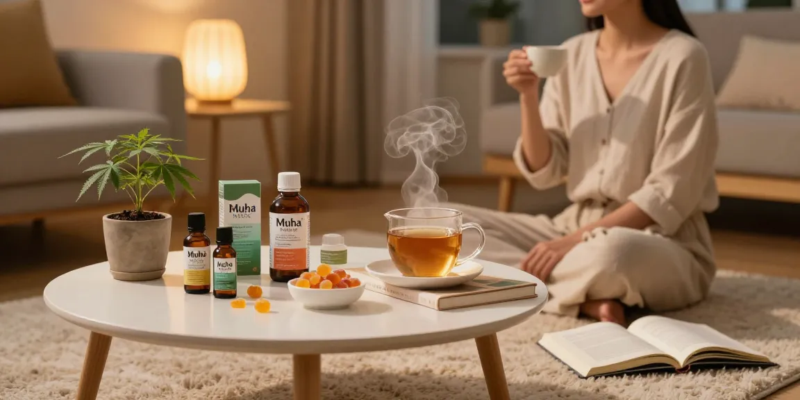 Muha Meds CBD oil and wellness products displayed in a cozy living room setting, emphasizing relaxation and natural health.