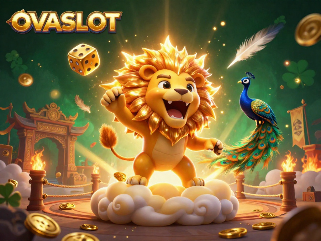 Engage with OVASLOT's dynamic gaming world featuring a lion, golden dice, and vibrant casino elements.
