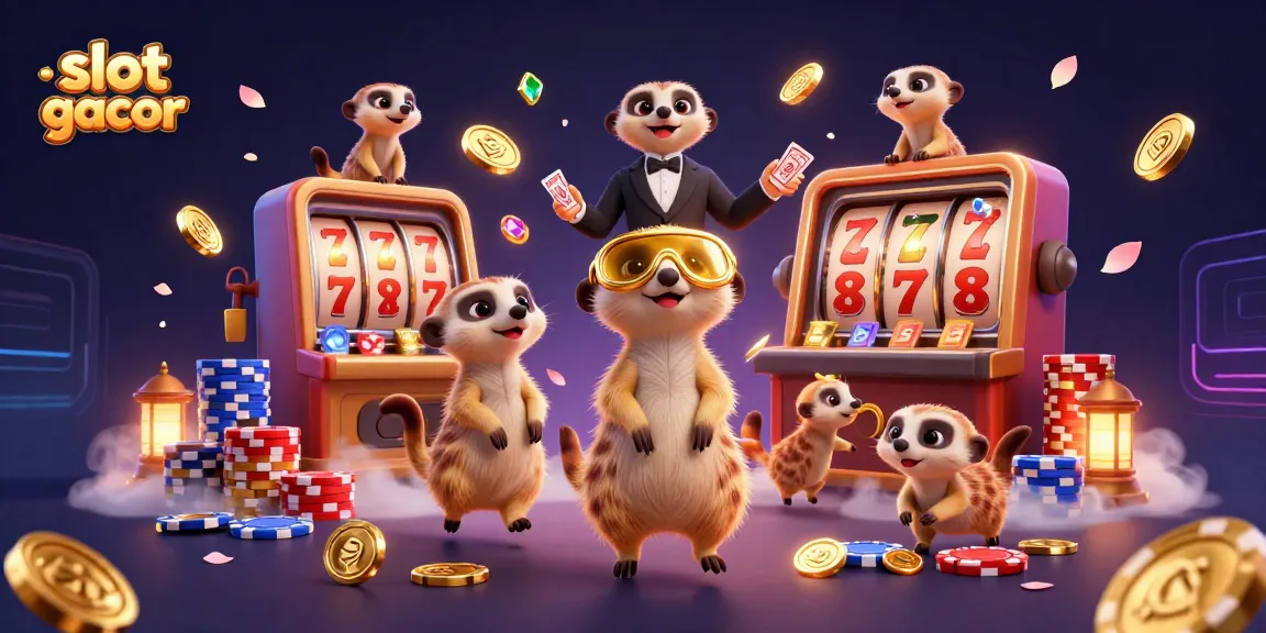 Experience the excitement of slot gacor with meerkats managing sparkling reels and vibrant casino elements.