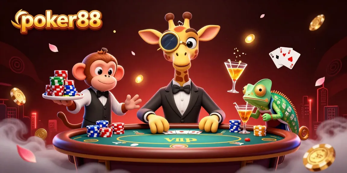 Engaging poker88 scene with high-roller characters and dynamic poker elements, creating an exciting casino atmosphere.