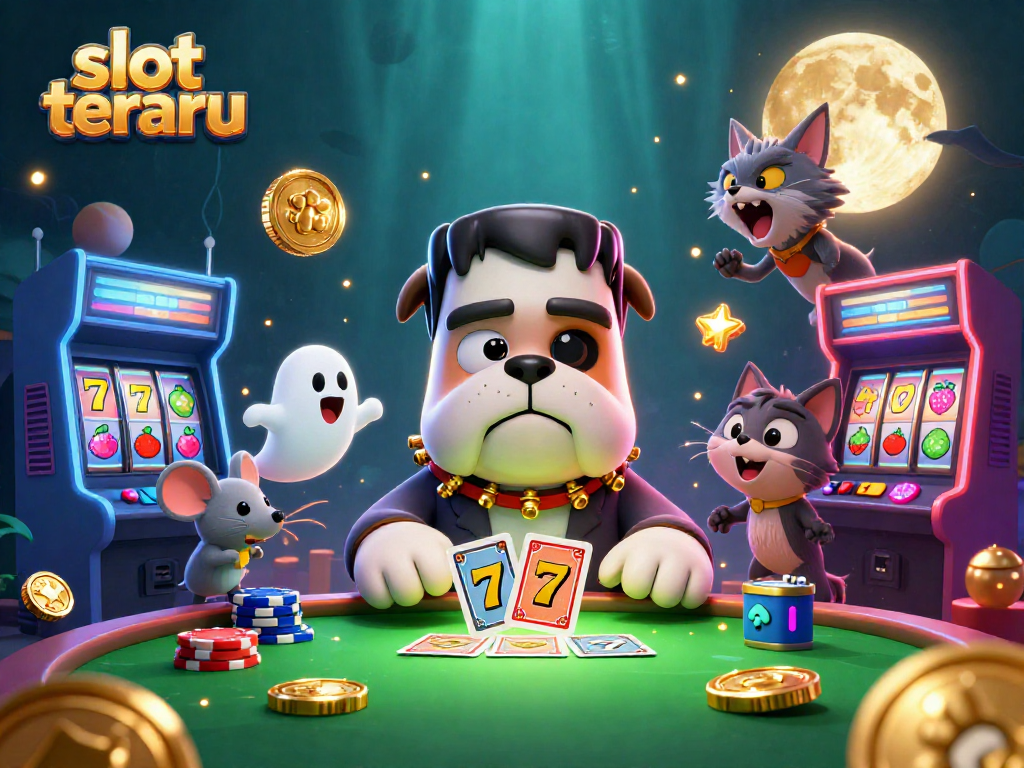 Experience slot terbaru excitement with a 3D cartoon Frankenstein bulldog alongside a ghost mouse and werewolf kitten, winning at casino games.