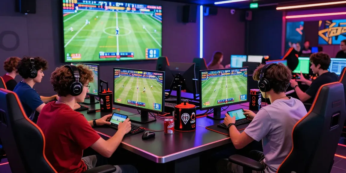 Live soccer betting scene at a vibrant gaming lounge showing players engaged with 最新的賽事資訊 and interactive screens.