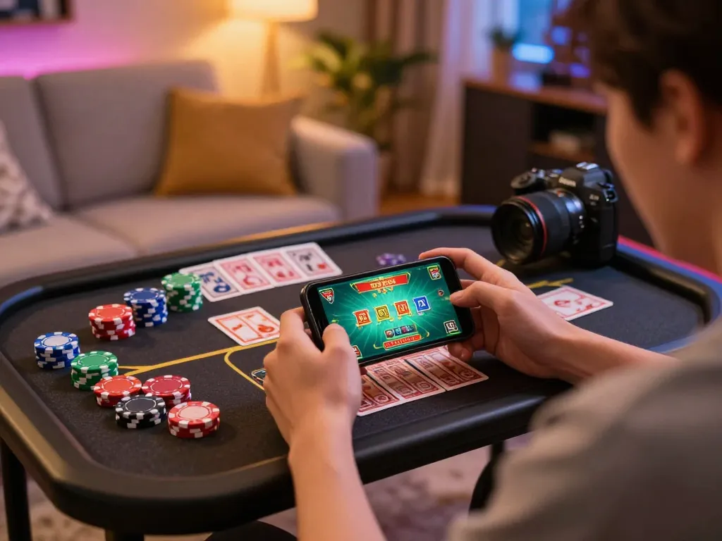 Xóc đĩa online scene with player engaged in a smartphone game, showcasing vibrant colors and dynamic gameplay.