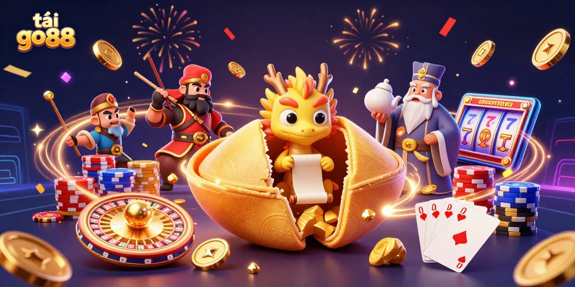 Tải go88 with a dynamic casino scene featuring a golden fortune cookie, dragon, and festive gambling elements.
