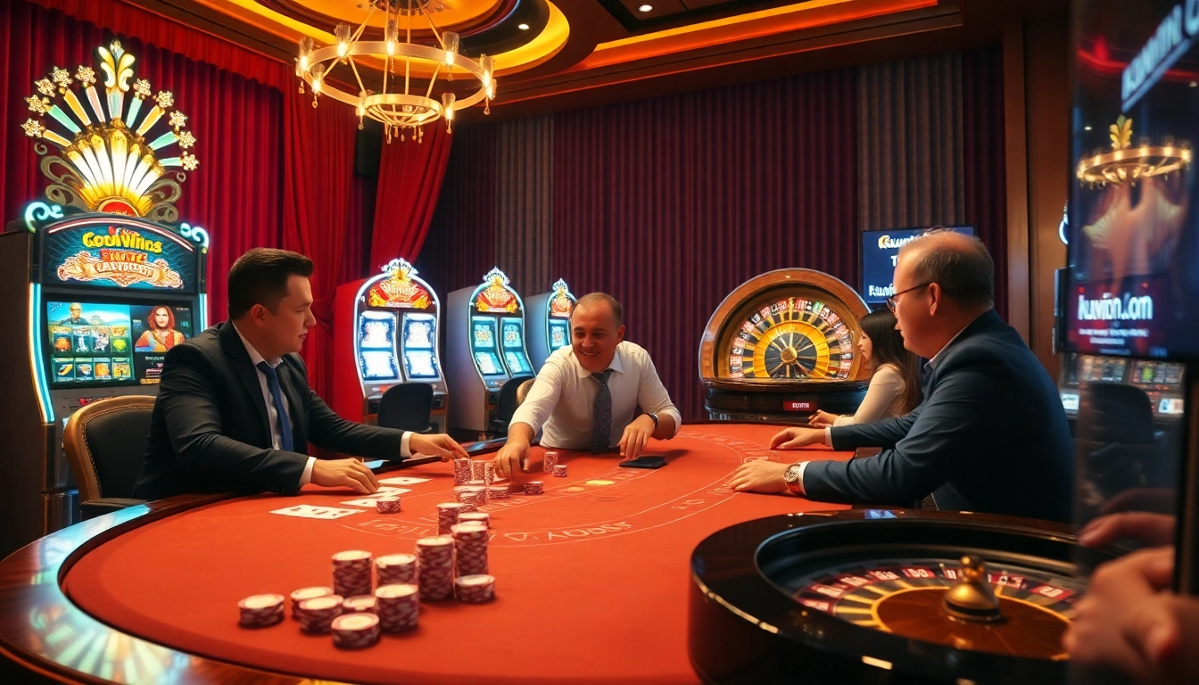 Experience the excitement at kuwin.com with vibrant casino games, poker chips, and lively roulette action.