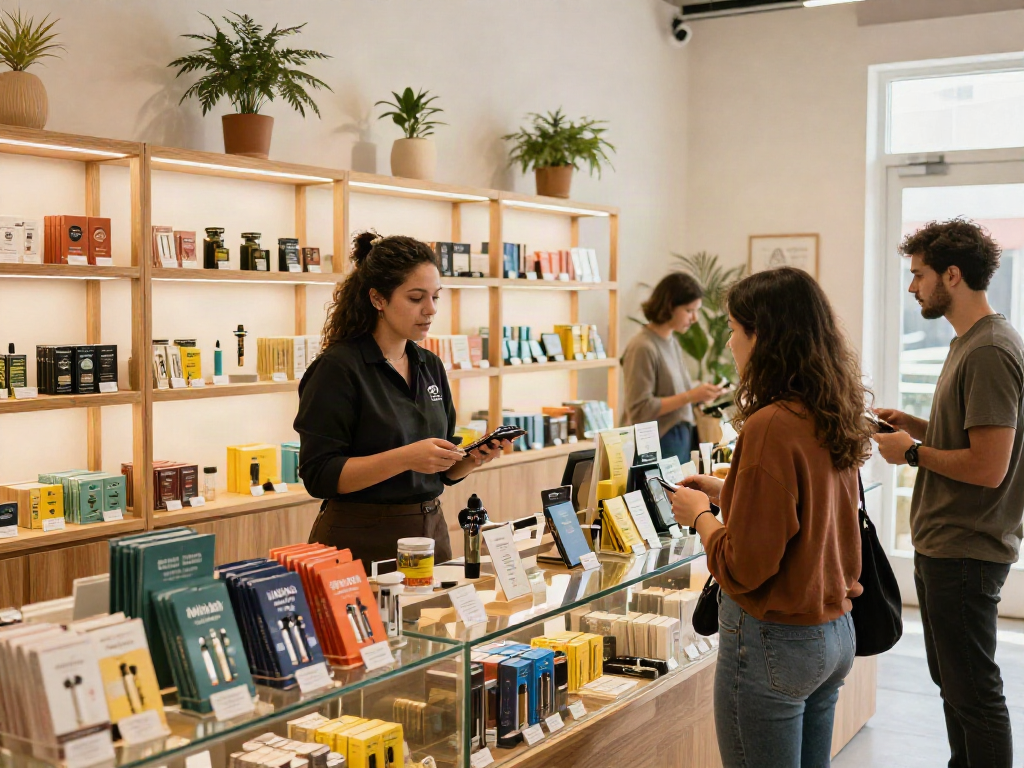 Muha Med products displayed in a vibrant cannabis retail shop, engaging customers with modern design