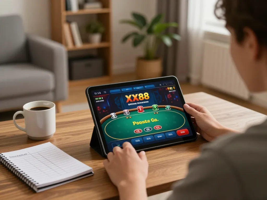 Engaging in online gaming at XX88, enjoying a cozy home atmosphere with tablet and strategy notes.